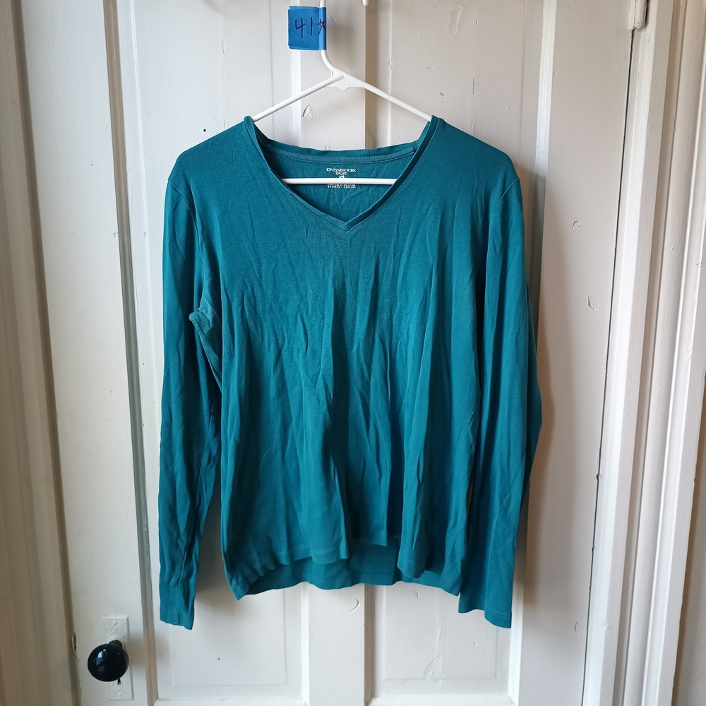 Jones New York Teal Long Sleeve V-Neck Top